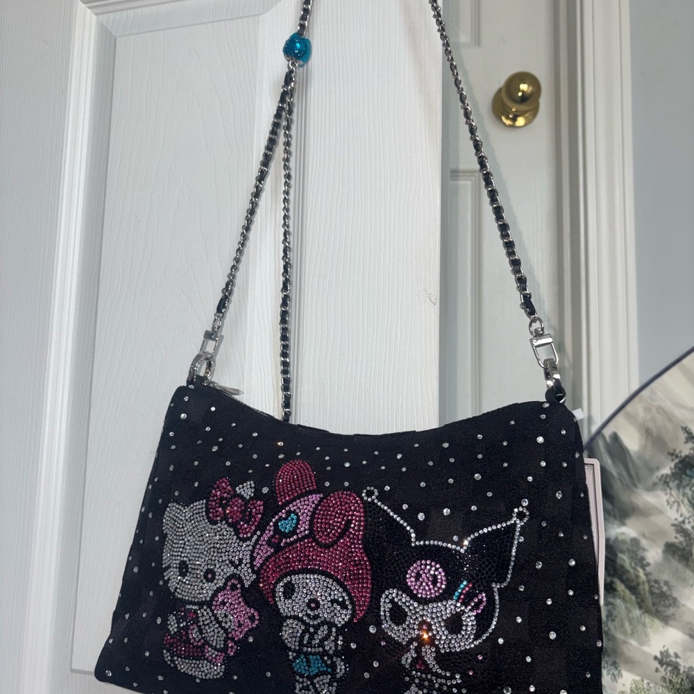 Sanrio Black Crystal-Embellished Shoulder Bag with Hello Kitty & Friends